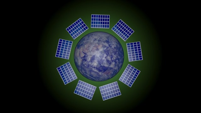 Solar Panels Rotating Around Earth. Flat Front View Of Solar Cells