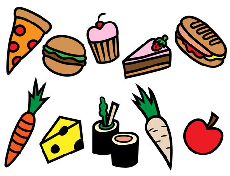 Cartoon vector illustration of different types of food, healthy and unhealthy, set, collection