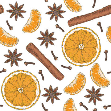 Seamless Pattern. Orange Slices, Tangerine, Spices