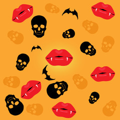 Halloween pattern on orange background with skulls, a bat and lips with fangs