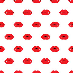 Pattern Halloween red lips with fangs on white background