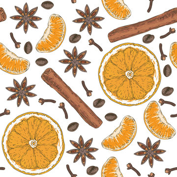 Seamless Pattern. Citrus, Spices and Coffee Beans