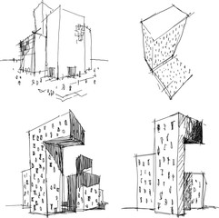 four hand drawn architectects sketches of a modern abstract architecture
