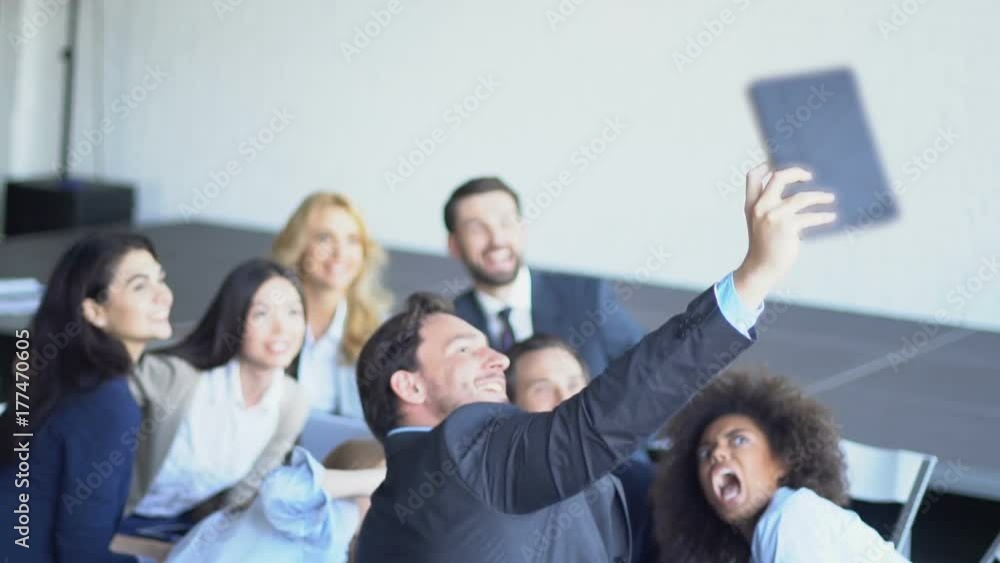 Canvas Prints mix raced group of business people take selfie photo on tablet computer during presentation meeting 