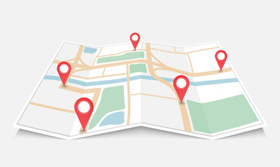 Folded paper city map with red pin pointer, vector illustration - obrazy, fototapety, plakaty