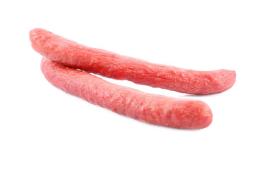 Delicious sausages on white background