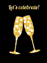 Two champagne glasses made of golden sequins on a black backdrop and text Let’s celebrate