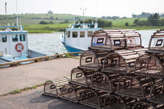 Rows of empty lobster pots on seaside dock with boats in background