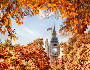 Big Ben clock against autumn leaves in London, England, UK