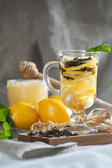 Freshly brewed lemon tea with fresh mint..