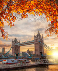 Tower Bridge avec des feuilles d& 39 automne à Londres, Angleterre, Royaume-Uni