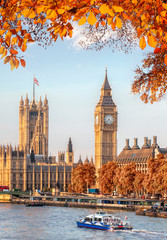 Big Ben with autumn leaves in London, England, UK