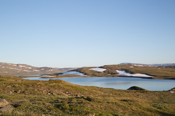 Landscape at the lake Guolasjávri, water reflection, Norway, summer 