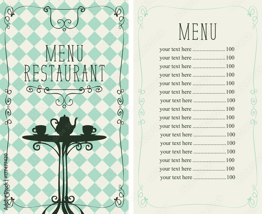 Poster vector menu for restaurant or a cafe with a price list and image of the table with a kettle and cups