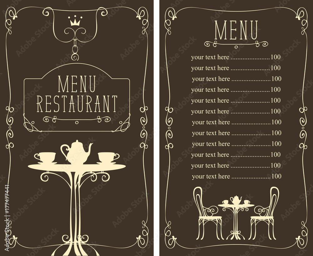Aufkleber vector menu for restaurant or cafe with a price list and a table, chairs and tea in a curly frame in