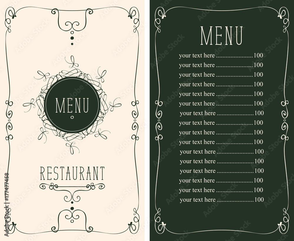 Poster vector menu for restaurant with curlicues and price list in curly frame in retro style