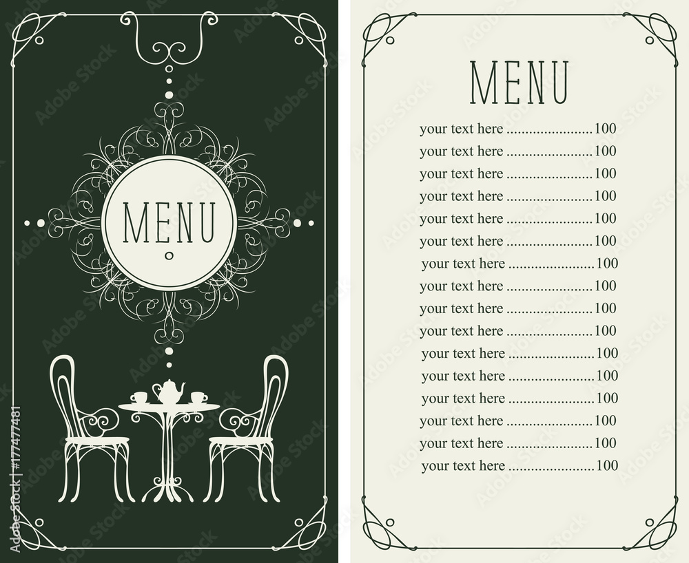 Poster vector menu for restaurant or cafe with a price list and a table, chairs and tea in a curly frame in