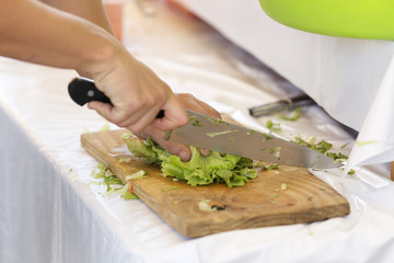 Hands of a woman cutting lettuce