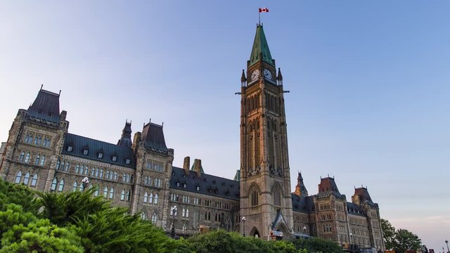 Canadian Parliament and Peace Tower Sunset Glow Time Lapse