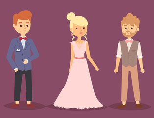 Wedding couple vector beautiful model girl in white dress and man in suit bride illustration