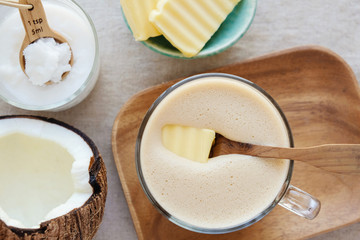 bulletproof coffee, blended with organic grass fed butter and MCT coconut oil, paleo, keto,...