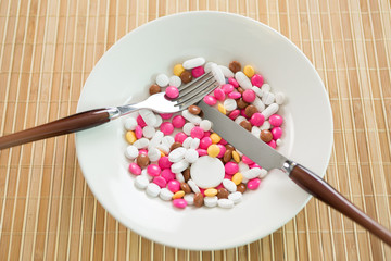 pills on a dish with fork spoon and knife