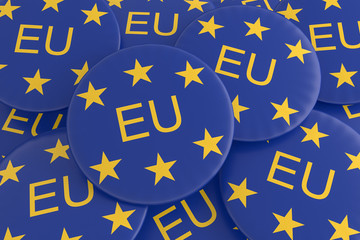European Union News Badges: Pile of Buttons With EU Flag, 3d illustration