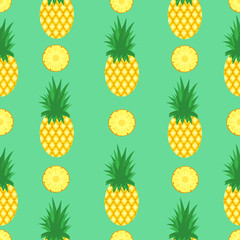 Seamless pattern with pineapples and pineapple slices on mint green background. Pineapple background. Bright tropic fruits illustration