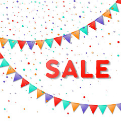 Obraz premium Bunting flags. Incredible celebration card. Bright colorful holiday decorations and confetti. Bunting flags vector illustration.