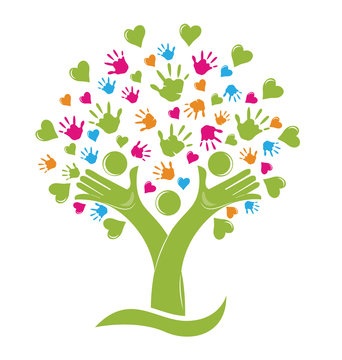 Logo tree hands and heart icon vector design
