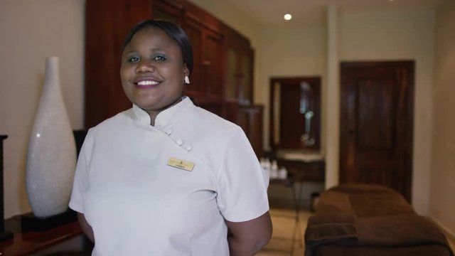  Portrait smiling beauty therapist at a spa resort