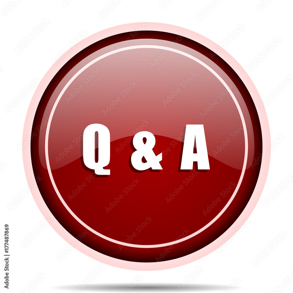 Poster Question answer red glossy round web icon. Circle isolated internet button for webdesign and smartphone applications.