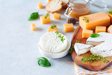 Various cheese on a board, cottage cheese and honey