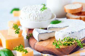 Various cheese on a board, milk, cottage cheese and honey