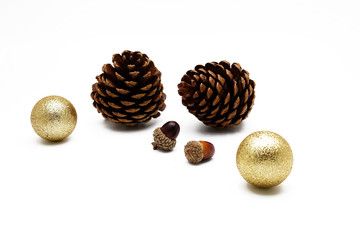 Pine cone and acorn with gold ball ornament on white background