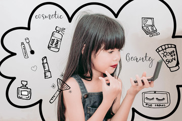 Young Asian girl kid with cosmetics illustrator doodles - beauty and cosmetic concept