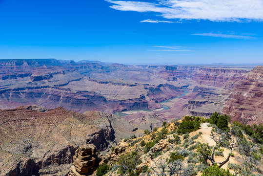 Amazing view of the Desert View Watchtower from Lipan Point in the Grand Canyon, Arizona, USA