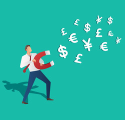 business concept. businessman attracting money icon with magnet vector illustration