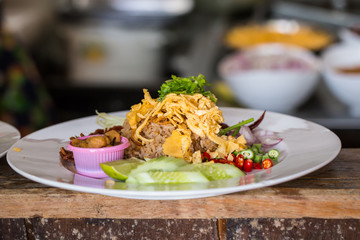 Rice mixed with shrimp paste in Thai food menu.