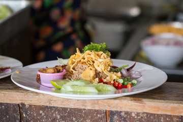 Rice mixed with shrimp paste in Thai food menu.