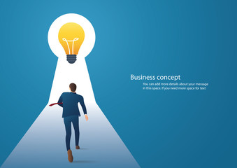 Business concept illustration of a businessman walking to light bulbs in keyhole