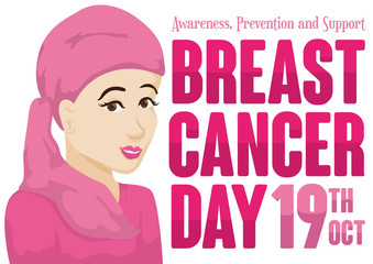 Beautiful Woman with Headscarf Promoting Breast Cancer Day in October, Vector Illustration