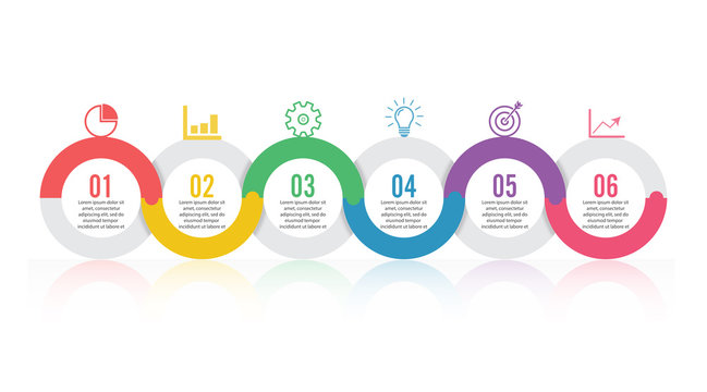 Template Timeline Infographic colored horizontal numbered for six position can be used for workflow, banner, diagram, web design, area chart