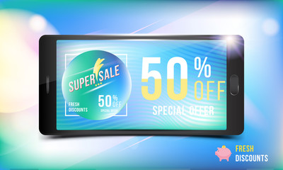 Big Sale 50 offer fresh discount . Concept of advertising with a smartphone and banner with super discounts and light effects on a colored background. Vector illustration EPS 10