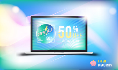 Big Sale 50 offer fresh discount . Concept of advertising with a laptop and banner with super discounts and light effects on a colored background. Vector illustration EPS 10