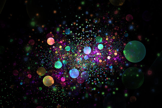 Abstract colorful glowing rainbow drops and sparkles on black background. Fantasy fractal texture in green, yellow, blue and pink colors. Digital art. 3D rendering.