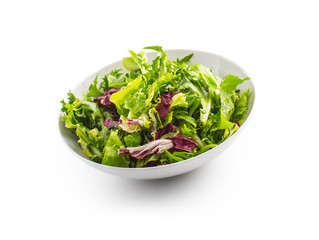 Salad Isolated on White. A bowl of fresh lettuce green salad over white with shadow