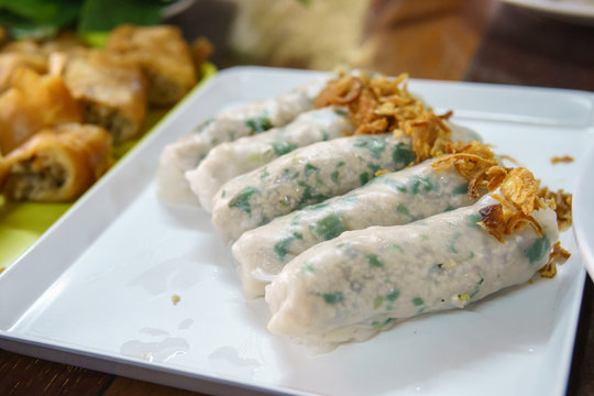 Banh cuon, Vietnamese steamed rice noodle roll with pork inside.