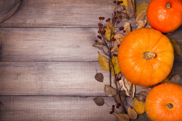 Pumpkins and autumn leaves and berries over old wooden background with copy space
