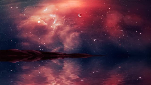 Sci-fi landscape digital painting with nebula, magician, planet, mountain and lake in red color. Elements furnished by NASA. 3D rendering
